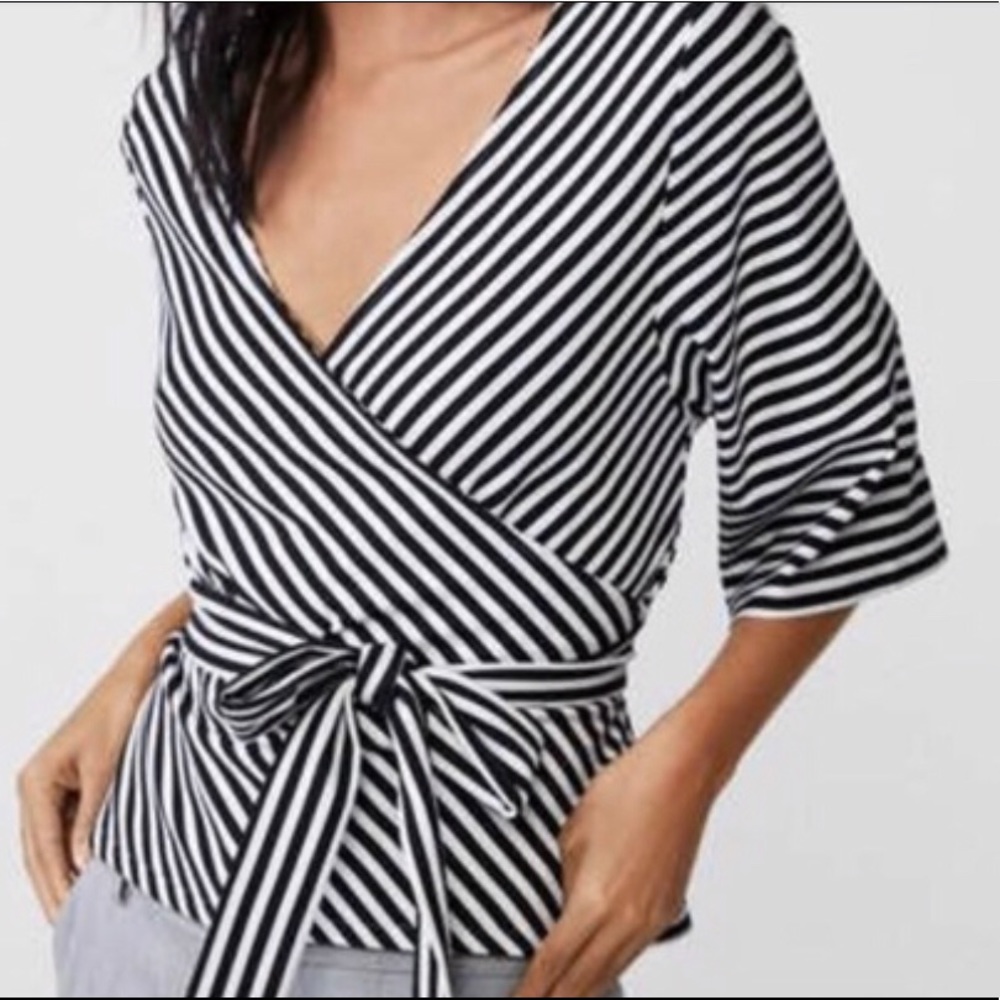 Black and White Striped Wrap Top